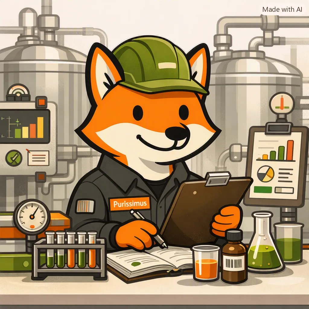 WildFox con casco de seguridad en un entorno industrial farmacéutico, representando la etapa Purissimus