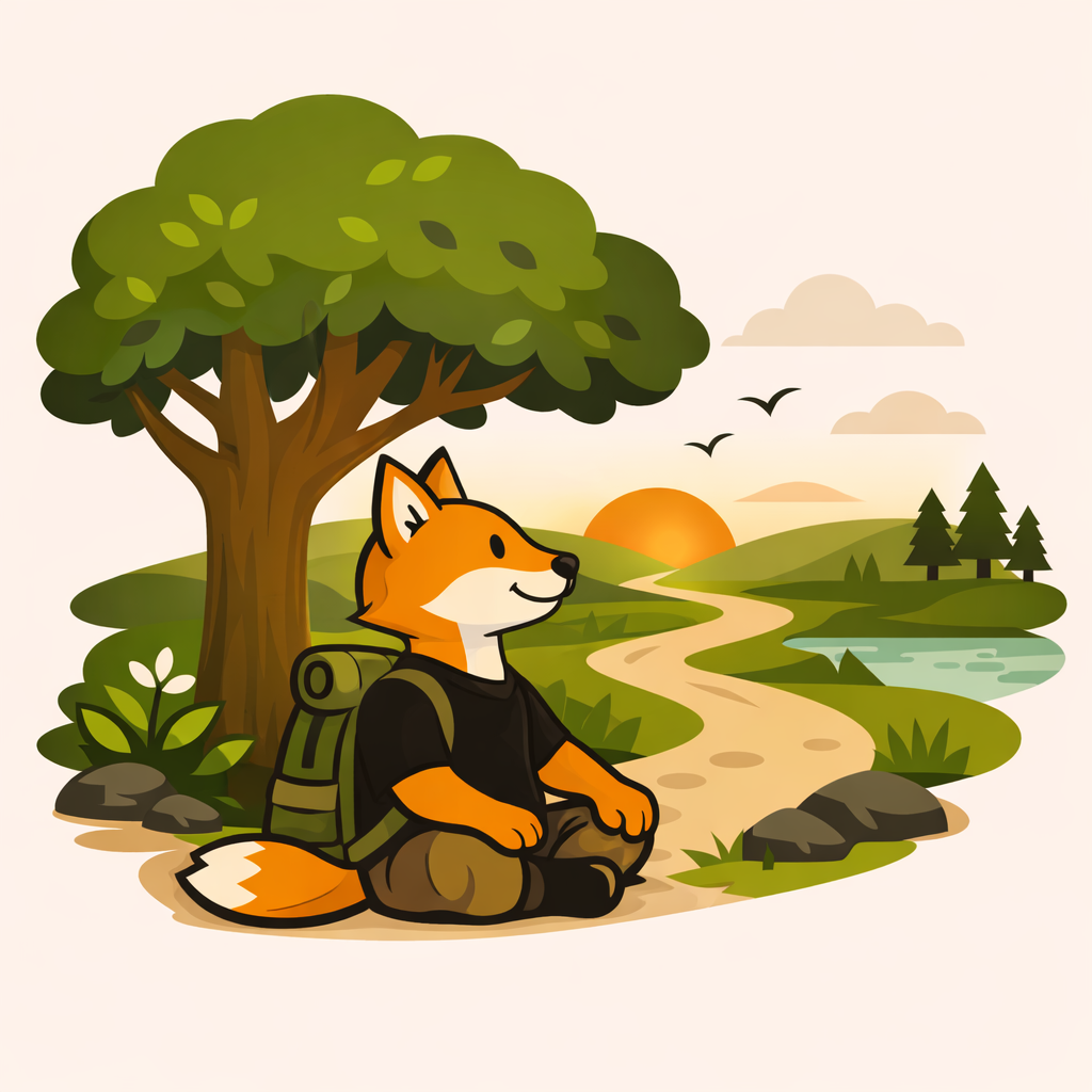WildFox sentado bajo un árbol, con mochila, mirando el camino